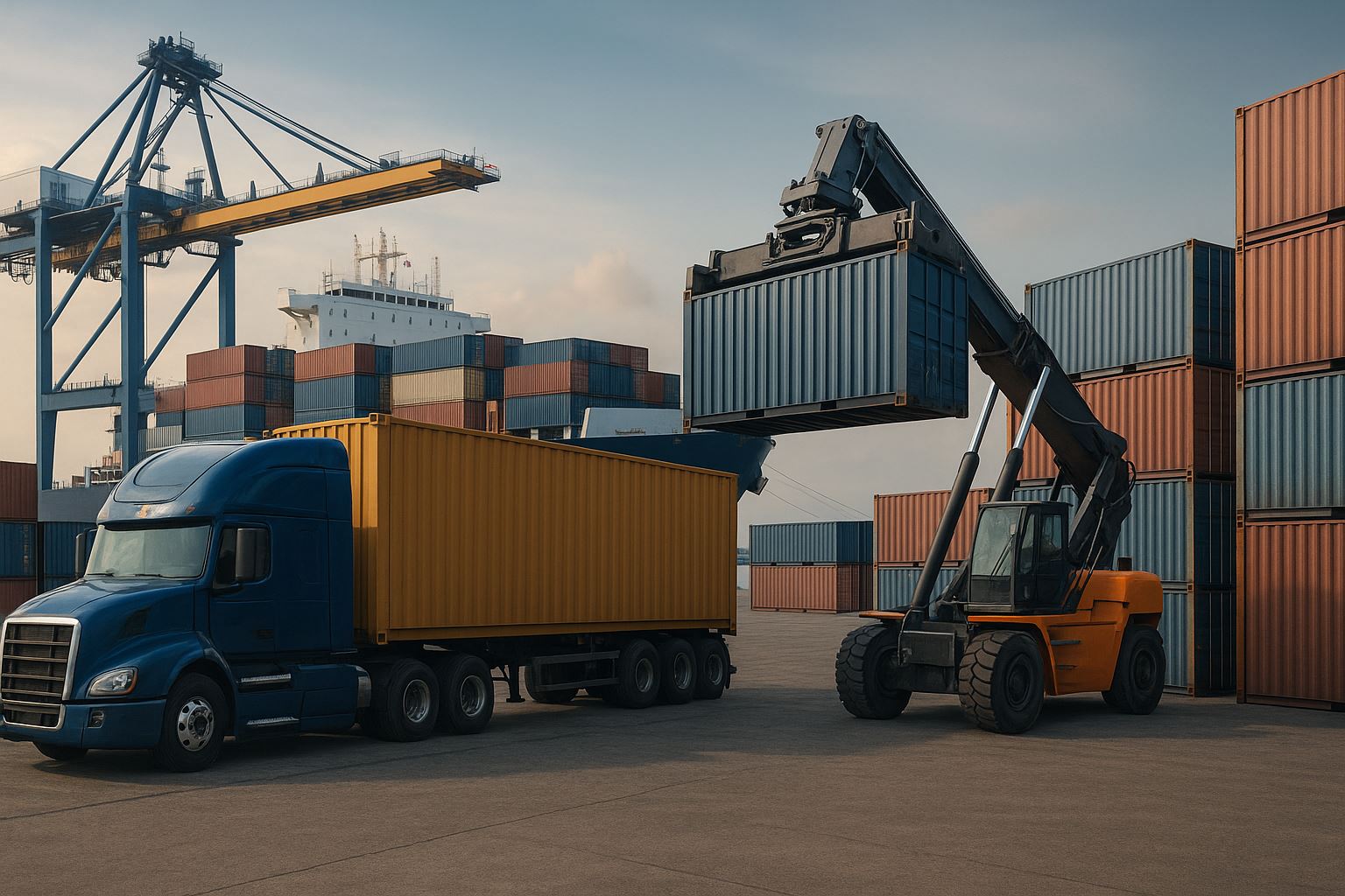 Pusat logistik terintegrasi Karawang dengan kontainer berwarna biru dan emas di pelabuhan modern. Tampak truk logistik dan alat pengangkat kontainer dalam suasana pencahayaan lembut.