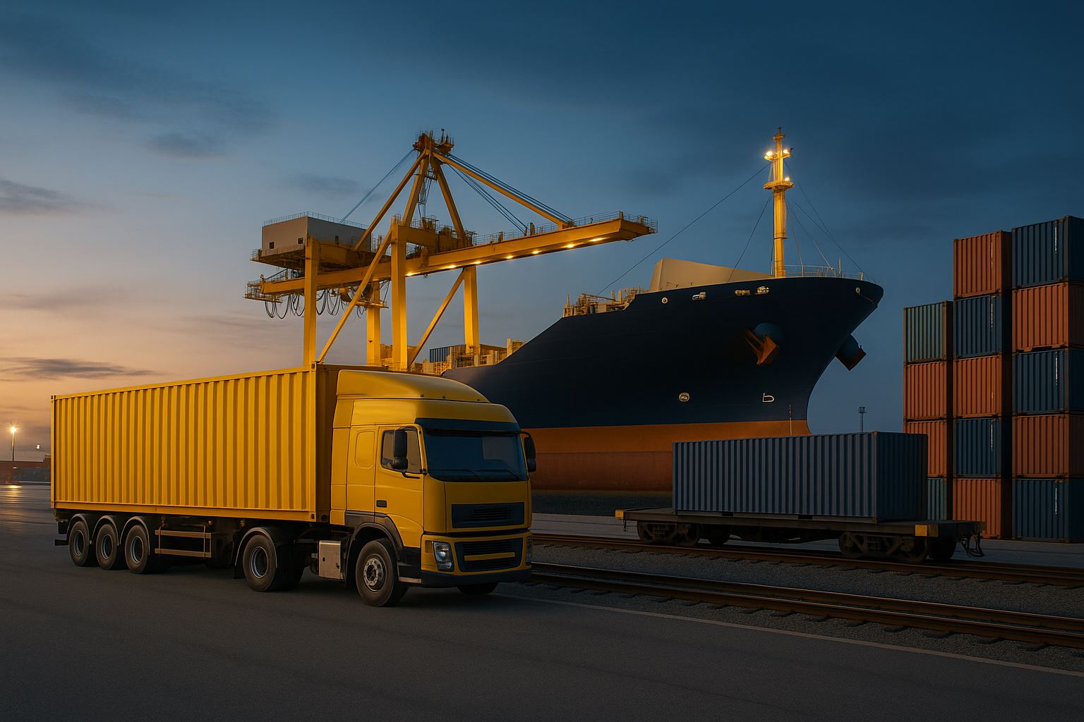 Angkutan multimoda profesional di Jawa Barat menampilkan truk kontainer, kapal kargo, dan jalur kereta logistik dalam suasana senja dengan pencahayaan lembut.