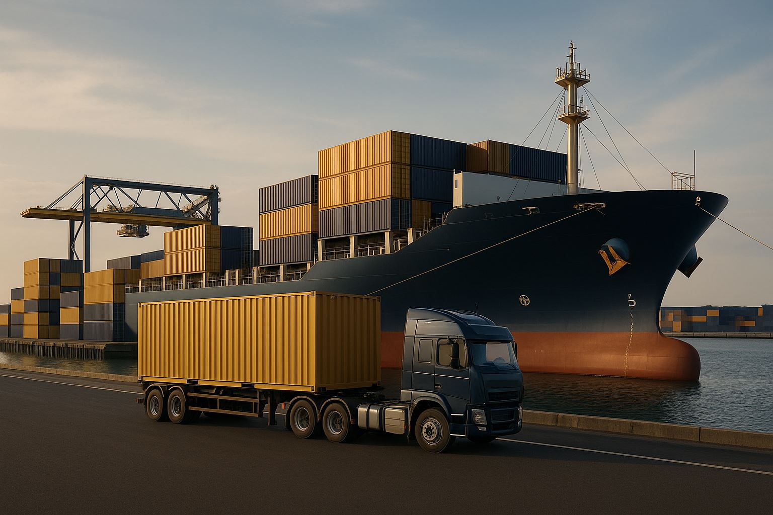 Ekspedisi muatan kapal di pelabuhan modern dengan kontainer berwarna emas dan biru, menonjolkan konsep logistik manufaktur yang efisien dan berteknologi tinggi.