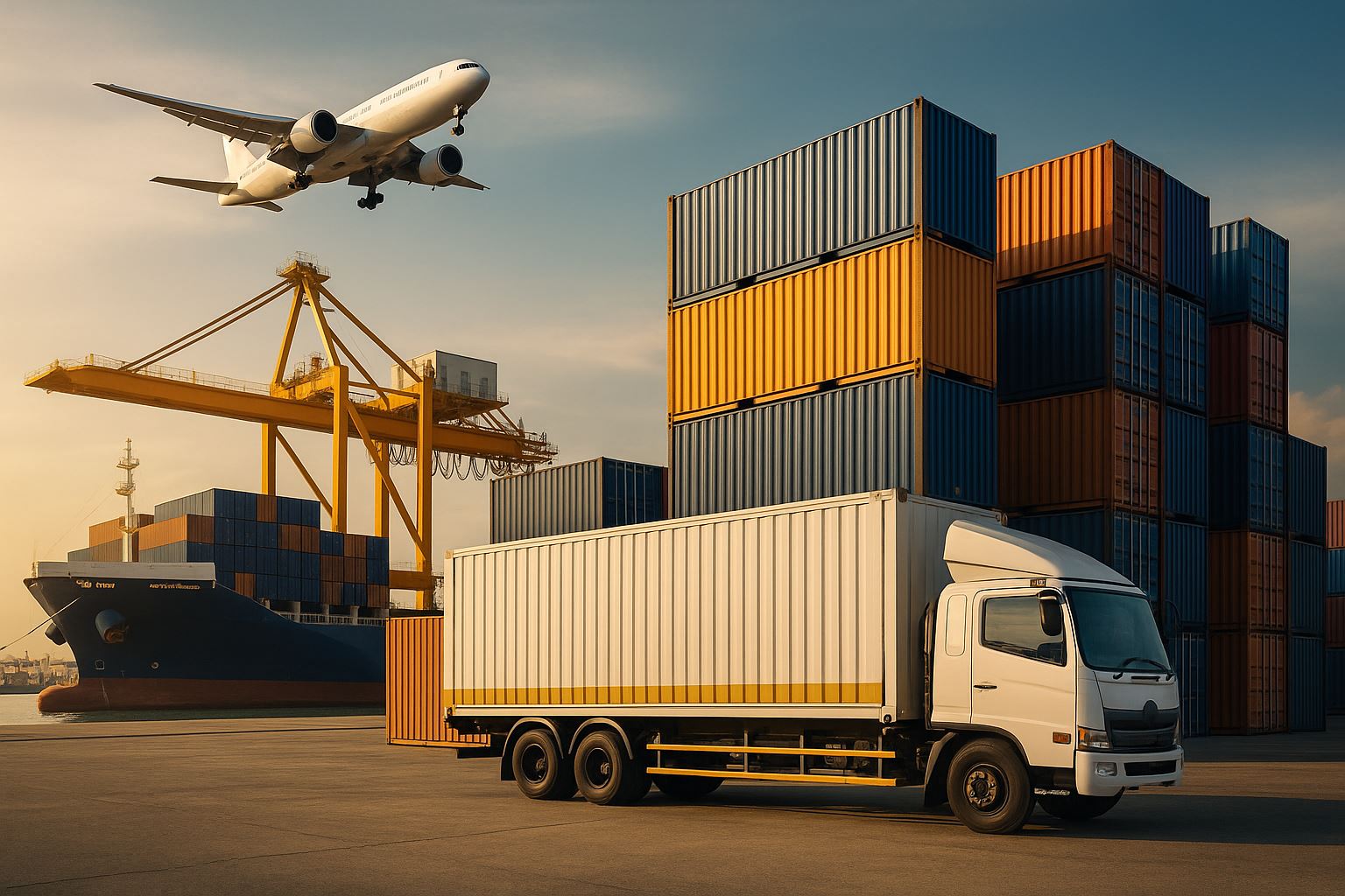 Foto profesional ultra-realistis jasa pengurusan transportasi dan logistik terintegrasi dengan truk, kapal kargo, kontainer, dan pesawat di pelabuhan modern.