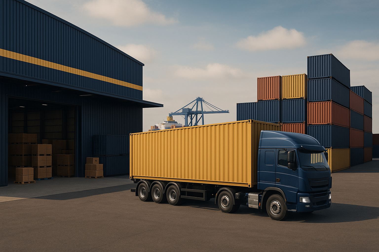 Gudang logistik modern dengan kontainer berwarna biru dan emas menampilkan integrasi transportasi dan penyimpanan barang untuk optimalisasi rantai pasok UMKM dan industri Jawa Barat.