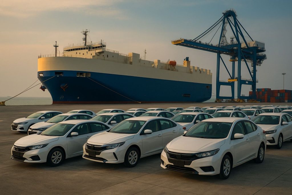 Pelabuhan Patimban ekspor otomotif Jabar dengan kapal kargo besar dan deretan mobil siap kirim di bawah cahaya lembut pagi hari, menggambarkan efisiensi logistik dan potensi ekspor otomotif Jawa Barat.