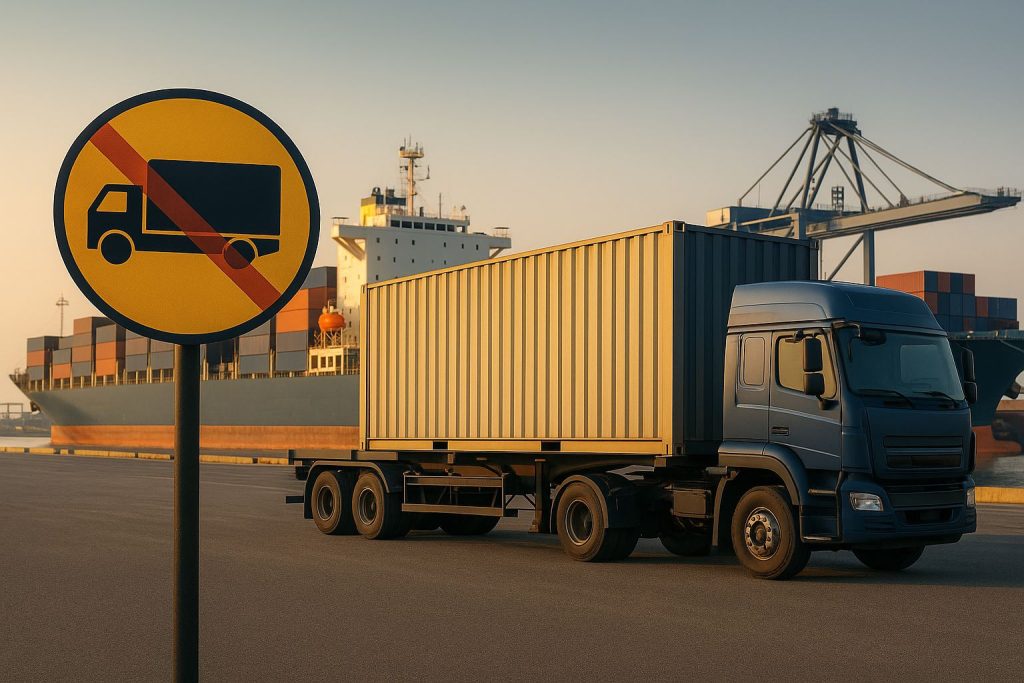 Ilustrasi kebijakan zero odol 2027 di pelabuhan Jawa Barat, menampilkan truk kontainer dan kapal logistik dalam cahaya lembut keemasan, tanpa kehadiran manusia, mencerminkan efisiensi, keselamatan, dan transformasi transportasi nasional.