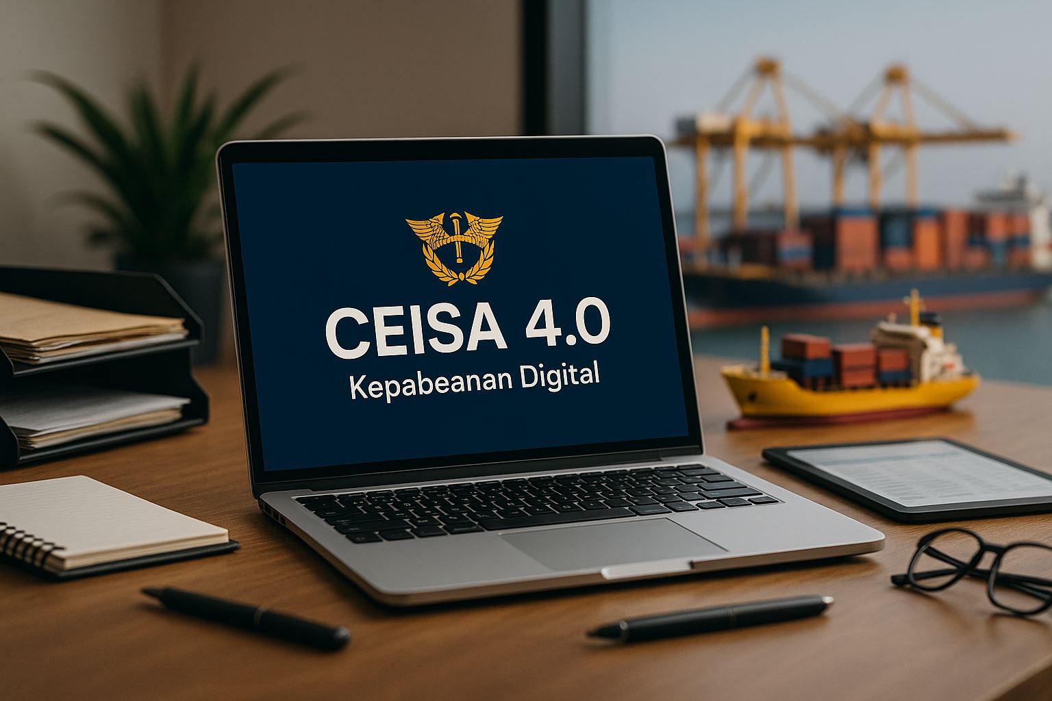 Visualisasi ultra-realistis CEISA 4.0 kepabeanan digital dalam lingkungan pelabuhan modern dengan perangkat teknologi logistik dan pencahayaan lembut.