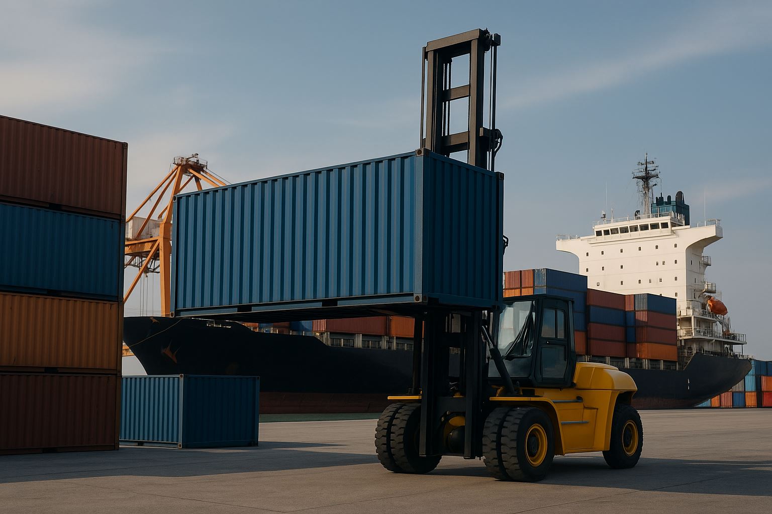 Efisiensi logistik Indonesia di pelabuhan dengan sistem NLE, menampilkan kontainer biru dan kuning di bawah cahaya lembut, mencerminkan modernisasi rantai pasok nasional.