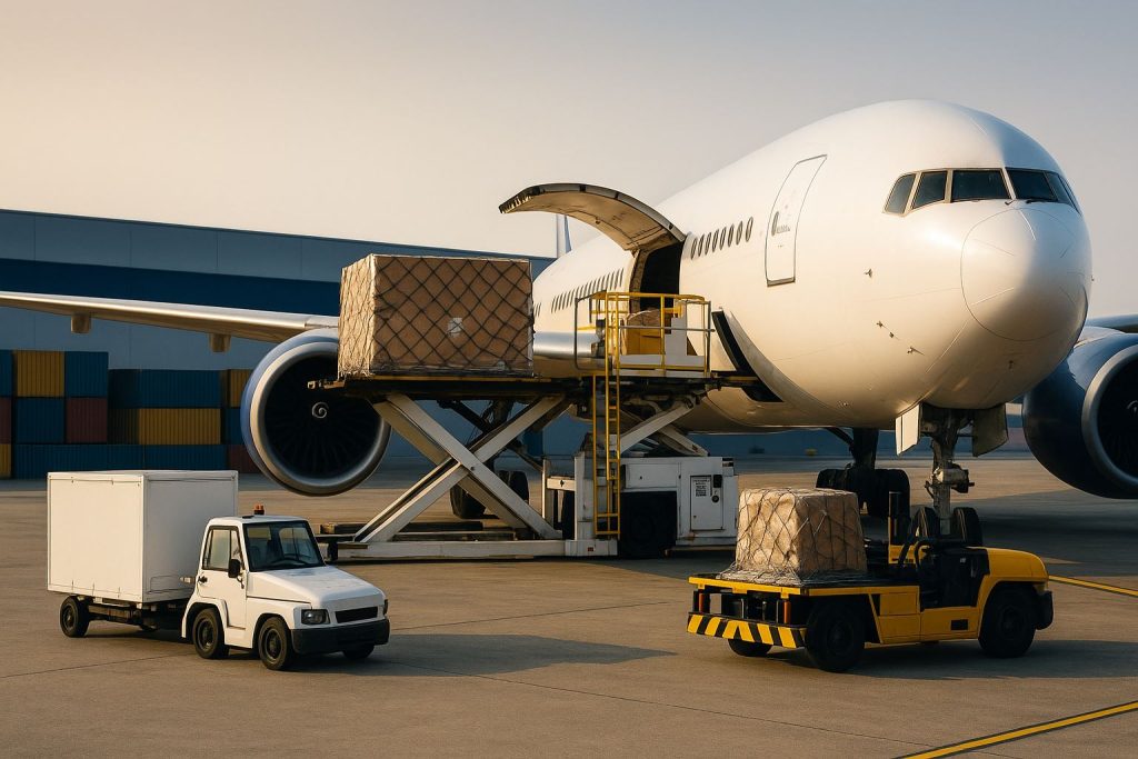 Kertajati kargo udara Jabar, terminal kargo modern di Bandara Internasional Kertajati dengan suasana profesional dan cahaya lembut menyoroti aktivitas logistik udara di Jawa Barat.