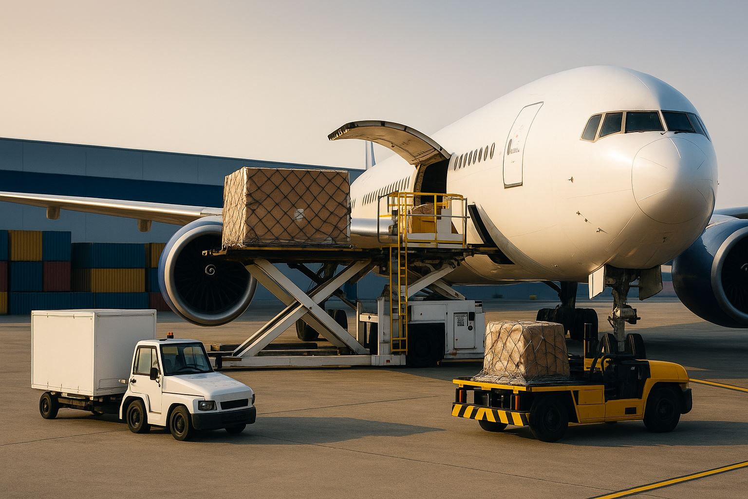 Kertajati kargo udara Jabar, terminal kargo modern di Bandara Internasional Kertajati dengan suasana profesional dan cahaya lembut menyoroti aktivitas logistik udara di Jawa Barat.