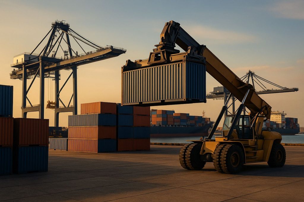 Pelindo pascamerger produktivitas terminal di Tanjung Priok dan Patimban terlihat dari aktivitas kontainer dan crane modern dengan pencahayaan lembut bernuansa emas dan biru laut.