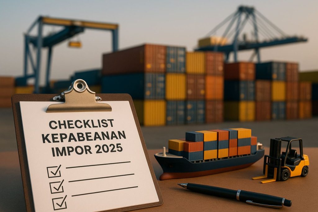 Checklist kepabeanan impor 2025 di area pelabuhan logistik modern dengan latar kontainer berwarna biru, kuning, dan emas, menggambarkan efisiensi dan kesiapan industri menghadapi perubahan regulasi.