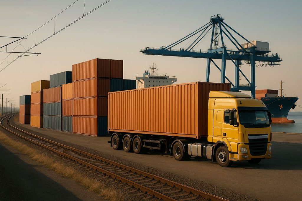 Strategi multimoda logistik Jabar yang menampilkan sinergi jalan tol, rel kereta, dan pelabuhan dalam efisiensi distribusi barang di Jawa Barat.