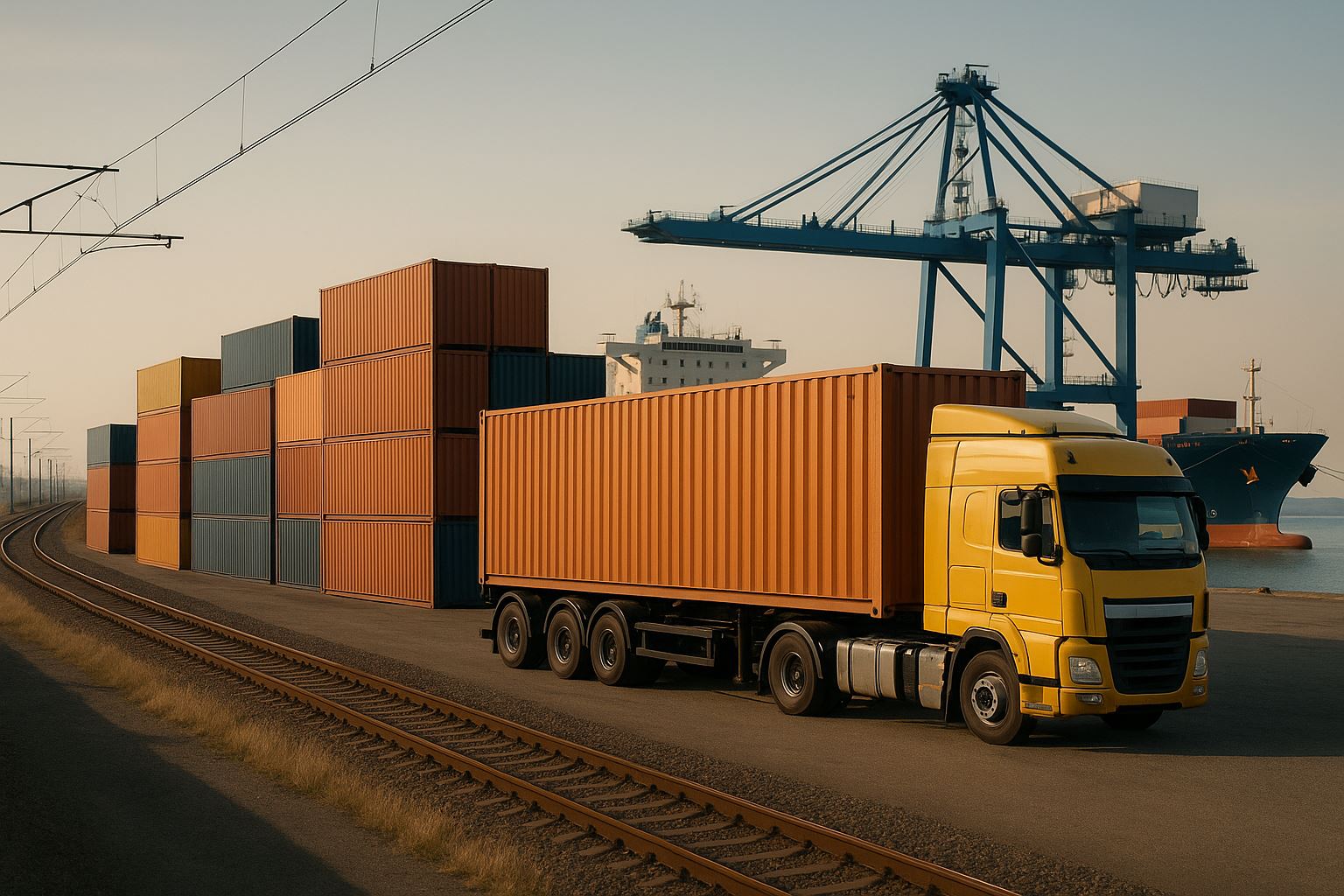 Strategi multimoda logistik Jabar yang menampilkan sinergi jalan tol, rel kereta, dan pelabuhan dalam efisiensi distribusi barang di Jawa Barat.