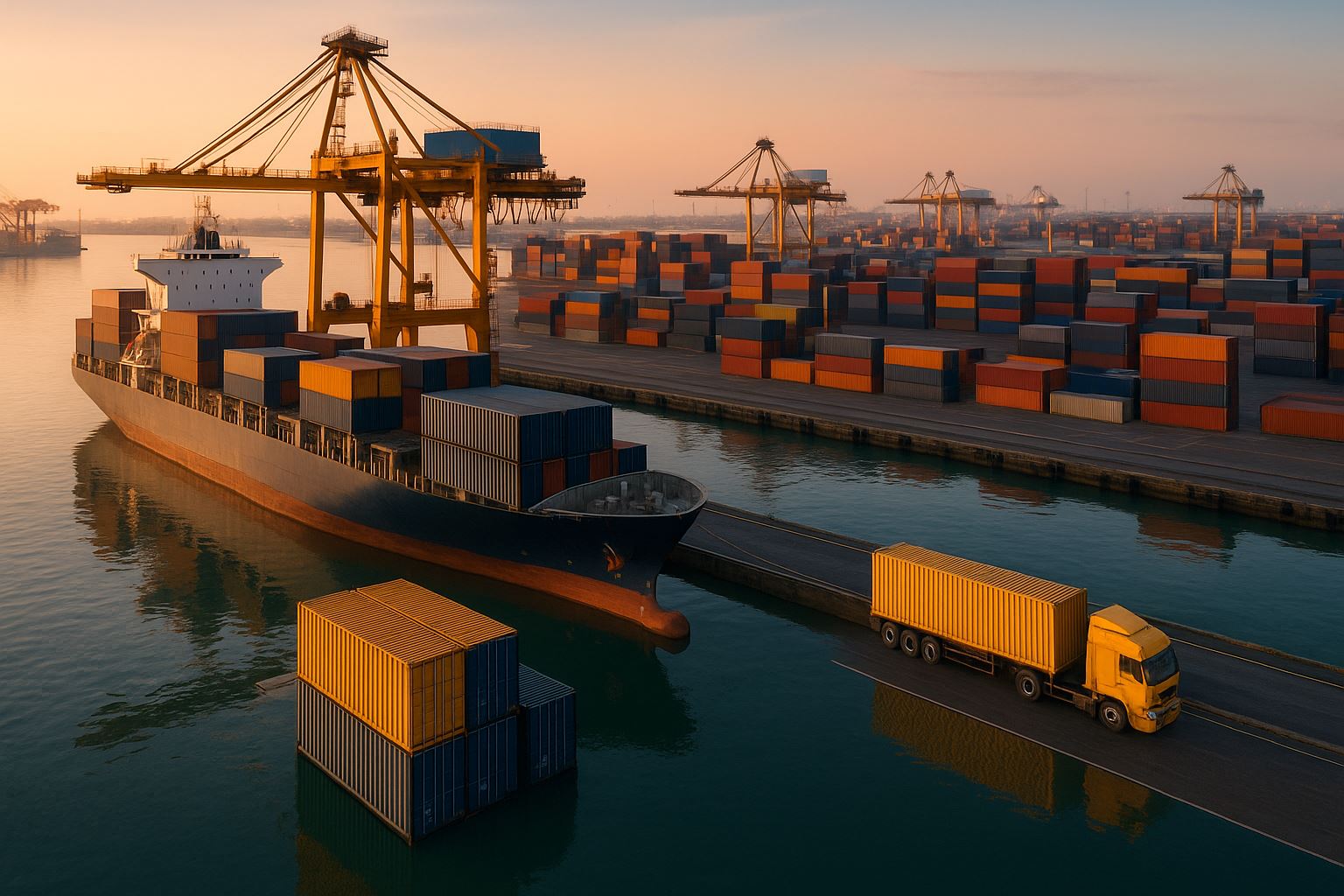 Pemandangan udara pelabuhan logistik modern menampilkan kapal kontainer dan truk dalam suasana efisien, menggambarkan hubungan dwelling time dan biaya logistik yang optimal.