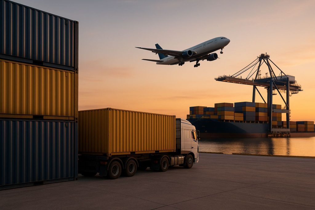 Pemandangan pelabuhan dan logistik modern yang menggambarkan arus barang impor kecil dan aktivitas e-commerce global, dengan aksen warna emas dan biru laut, menonjolkan tema aturan pajak e-commerce 2025.