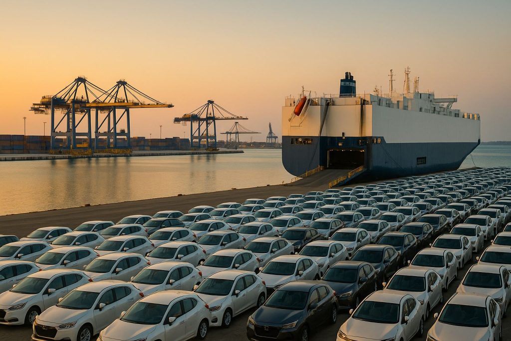 Pemandangan pelabuhan Patimban menampilkan deretan mobil siap ekspor dengan kapal RoRo di bawah cahaya senja lembut, menggambarkan rute ekspor otomotif dari Karawang–Cikarang ke Patimban.
