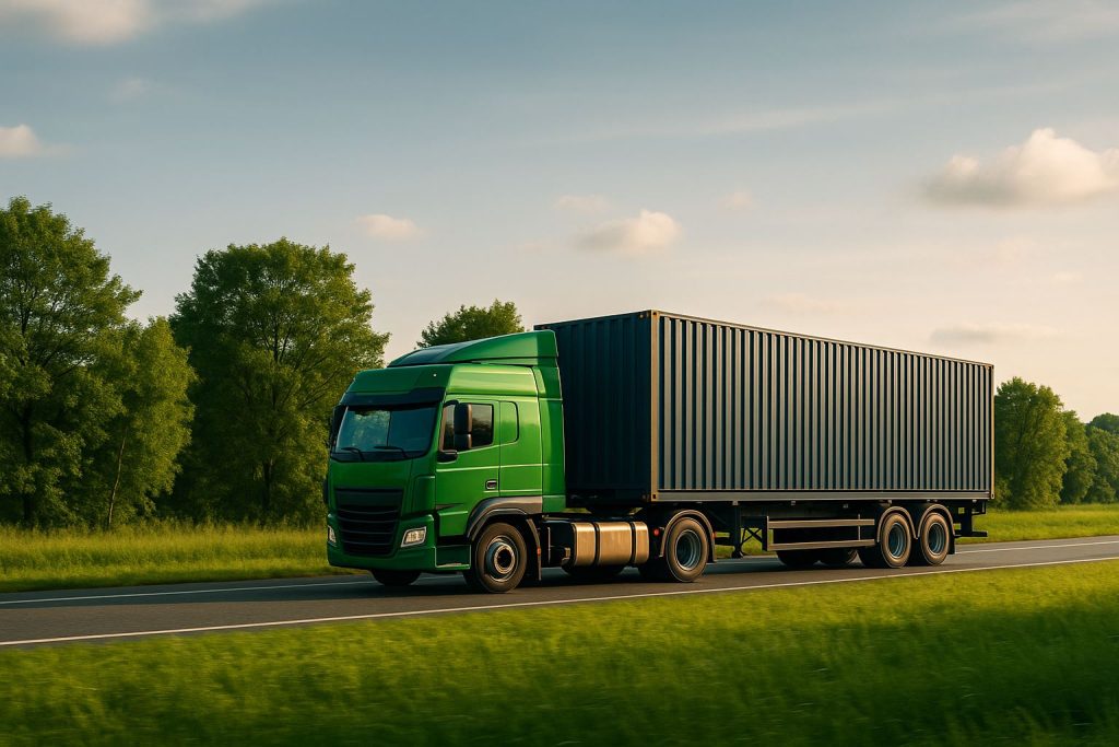 Truk hijau ramah lingkungan melintas di jalan raya antarkota dikelilingi pepohonan hijau, menggambarkan konsep green logistics dan pengurangan emisi transportasi darat di Indonesia.