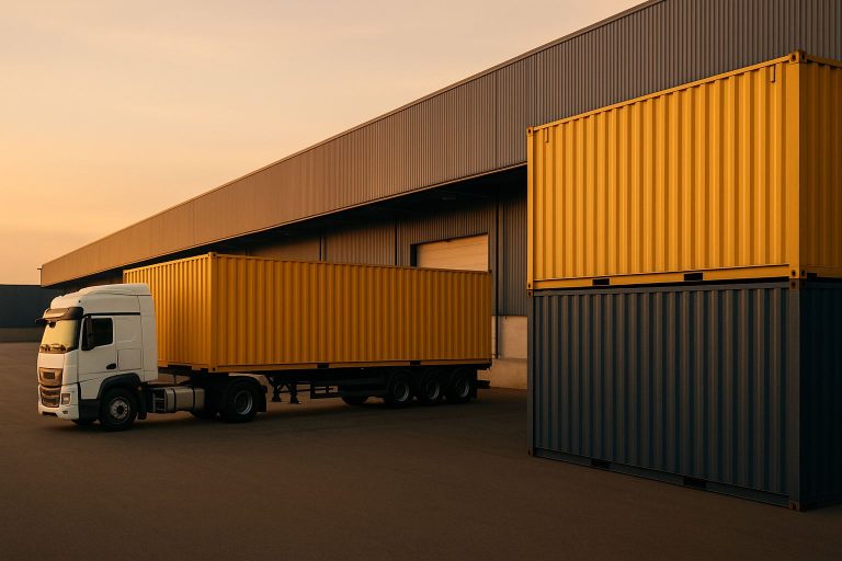 Ilustrasi gudang logistik modern dengan truk kontainer berwarna emas dan biru tua yang melambangkan penerapan roadmap zero odol penegakan secara profesional dan berkelanjutan.