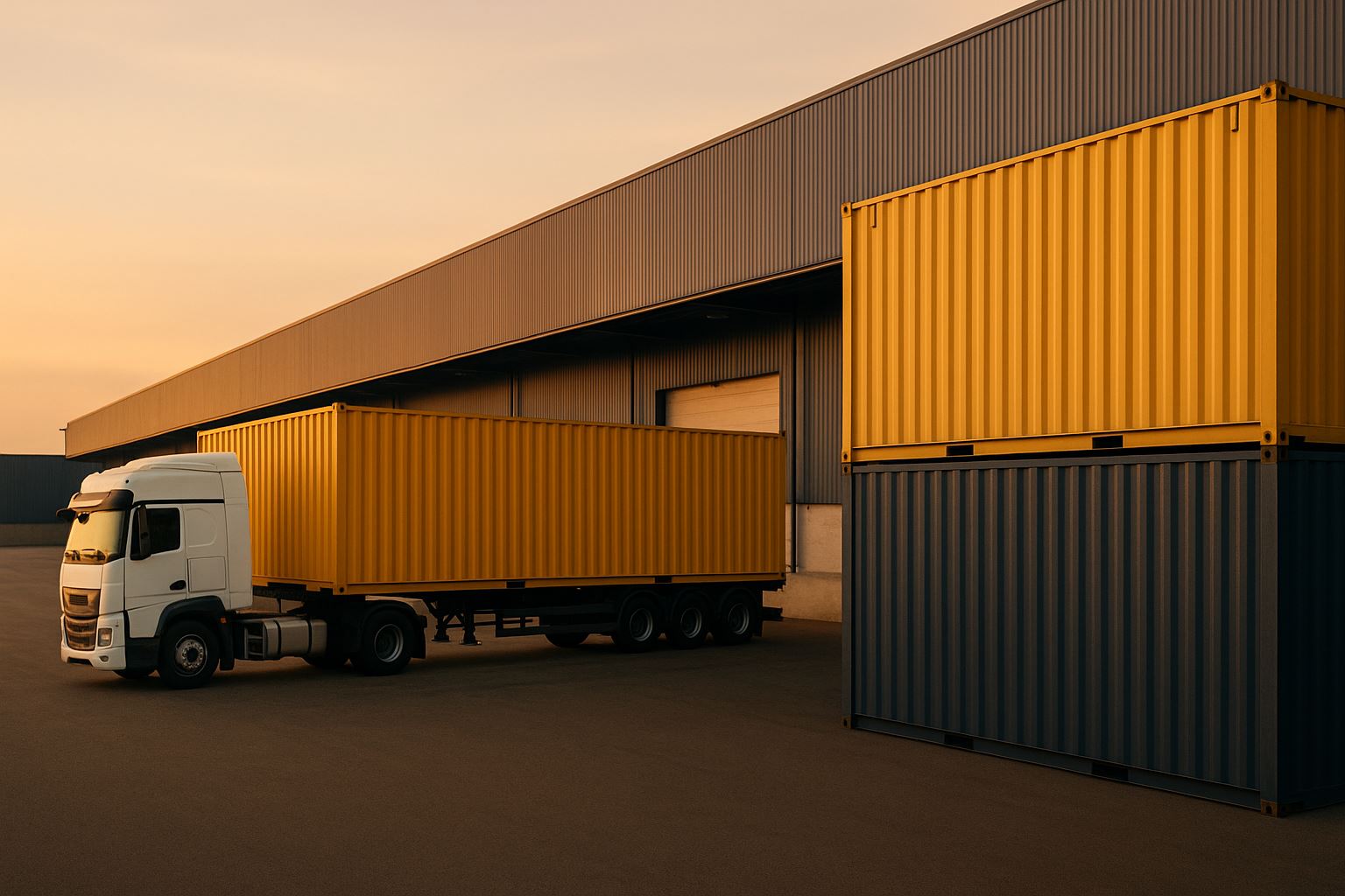 Ilustrasi gudang logistik modern dengan truk kontainer berwarna emas dan biru tua yang melambangkan penerapan roadmap zero odol penegakan secara profesional dan berkelanjutan.