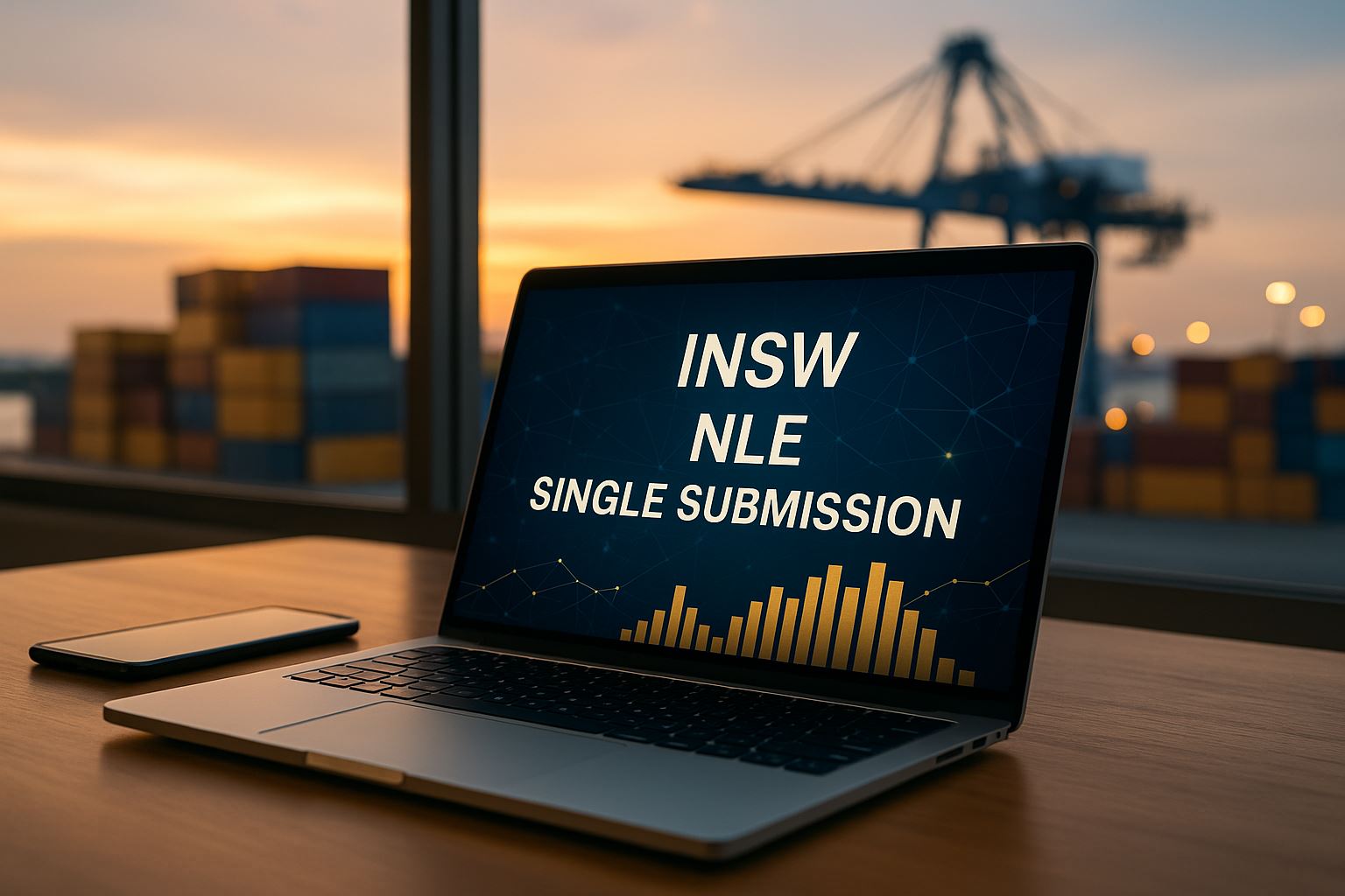 Pemandangan modern pusat kendali logistik digital menampilkan sistem INSW, NLE, dan Single Submission dalam suasana profesional dengan pencahayaan lembut dan nuansa korporat.