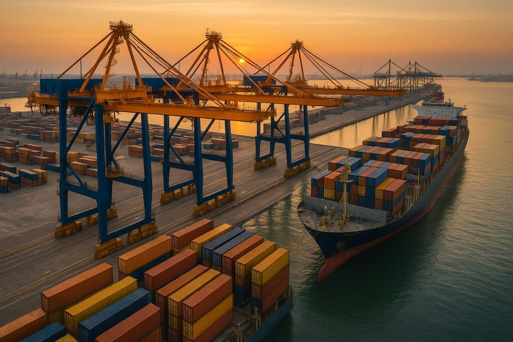 Pemandangan udara pelabuhan modern menampilkan aktivitas bongkar muat antara Priok dan Patimban, menggambarkan mitigasi kemacetan dengan tata kelola logistik yang efisien.