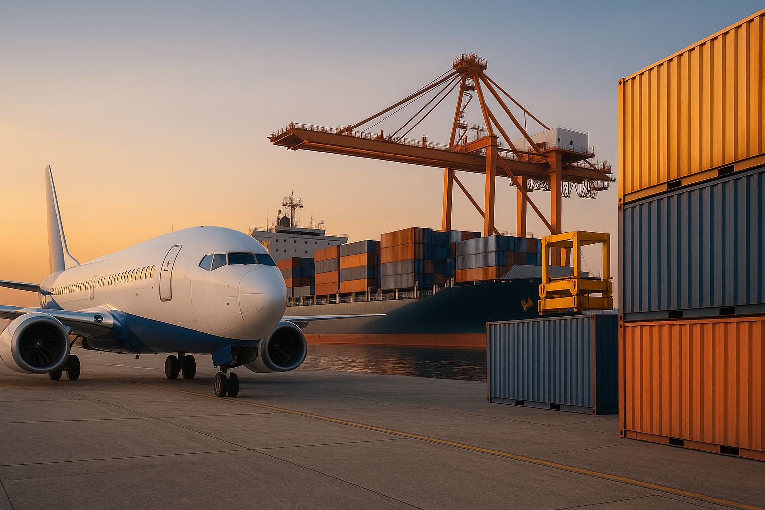 Pemandangan profesional yang menampilkan pesawat kargo dan kapal kontainer di pelabuhan modern, menggambarkan perbandingan kargo udara atau laut dalam logistik lintas negara.