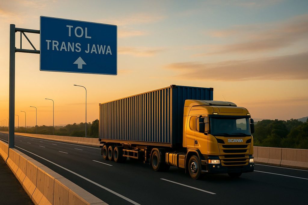 Truk logistik melintas di jalan tol Trans-Jawa saat senja dengan pencahayaan lembut, menggambarkan suasana profesional dan efisiensi kebijakan tol Trans-Jawa.