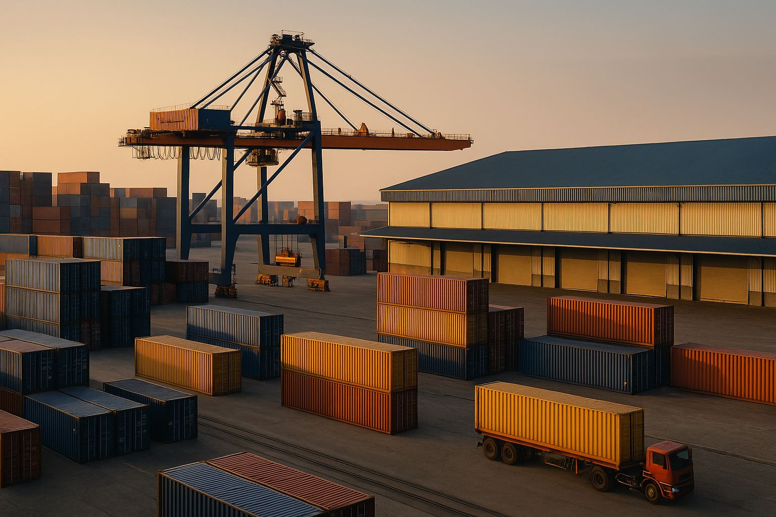 Pusat logistik berikat modern menampilkan deretan kontainer, gudang besar, dan crane otomatis dengan pencahayaan lembut, menggambarkan efisiensi sistem penyimpanan dan distribusi barang.