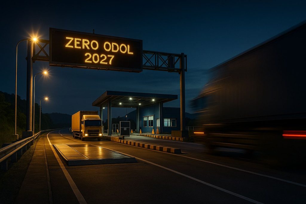 Panorama kebijakan zero odol Indonesia 2027 di ruas tol Jawa Barat, menampilkan pos timbang, WIM, dan truk logistik dalam cahaya lembut malam.