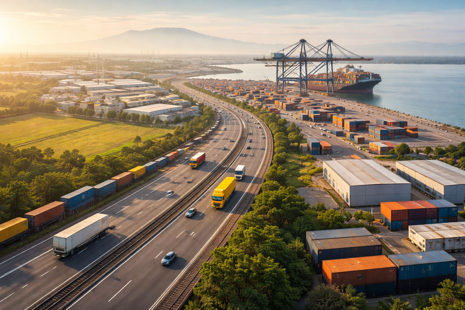 Konektivitas Rebana–Patimban–Kertajati terlihat melalui jalur tol, kawasan industri, dan pelabuhan peti kemas yang terintegrasi mendukung efisiensi distribusi manufaktur Jawa Barat.