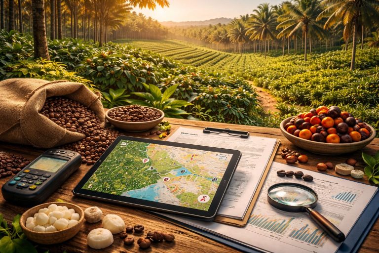 Ilustrasi traceability EUDR rantai pasok yang menampilkan integrasi data kebun, geolokasi, dan pengendalian risiko pada komoditas kopi, karet, dan sawit.
