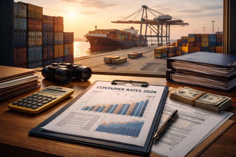 Ilustrasi pelabuhan dan analisis logistik yang merepresentasikan outlook tarif peti kemas 2026 serta dinamika biaya pengiriman global.