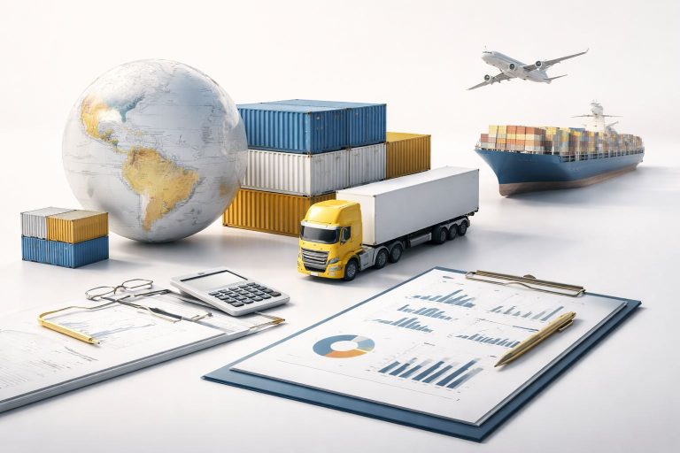 Ilustrasi data biaya jasa pengurusan transportasi 2025–2026: laporan analitik logistik, kontainer, truk, kapal kargo, dan pesawat dalam komposisi minimalis profesional.