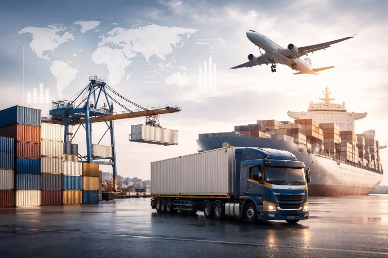 Ilustrasi foto profesional bertema pelabuhan logistik multimoda 2026—kontainer, kapal kargo, truk trailer, dan pesawat sebagai representasi tren angkutan multimoda 2026, rute, lead time, dan biaya per ton-km.