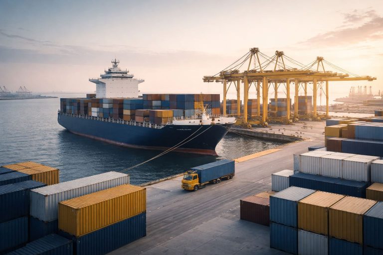 “Ekspedisi muatan kapal 2025 di pelabuhan kontainer: kapal kargo bersandar, crane bongkar muat, dan tumpukan kontainer untuk mendukung benchmark TEUs, dwell time, serta OTIF.”