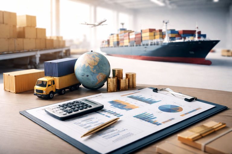 Logistik terintegrasi KPI finansial dalam ilustrasi gudang minimalis: laporan kinerja, kalkulator, kontainer, dan elemen pengiriman untuk optimasi cash flow.