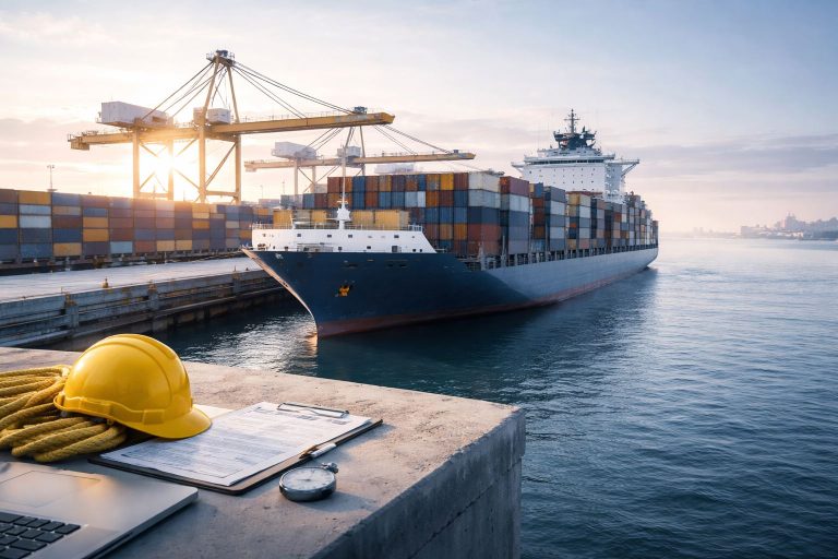 Mitos fakta ekspedisi kapal: kapal kontainer bersandar di pelabuhan dengan perlengkapan monitoring risiko pengiriman untuk logistik yang lebih terukur.