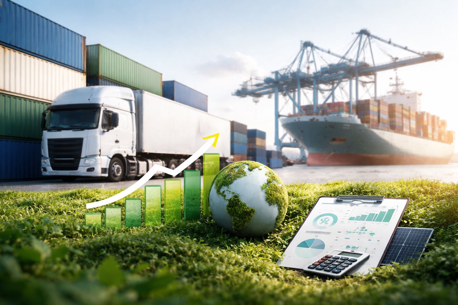 Ilustrasi pelabuhan logistik terintegrasi 2026 dengan kapal kargo, kontainer, truk, dan visual data pengukuran emisi per pengiriman untuk strategi green logistics (emisi logistik terintegrasi 2026).