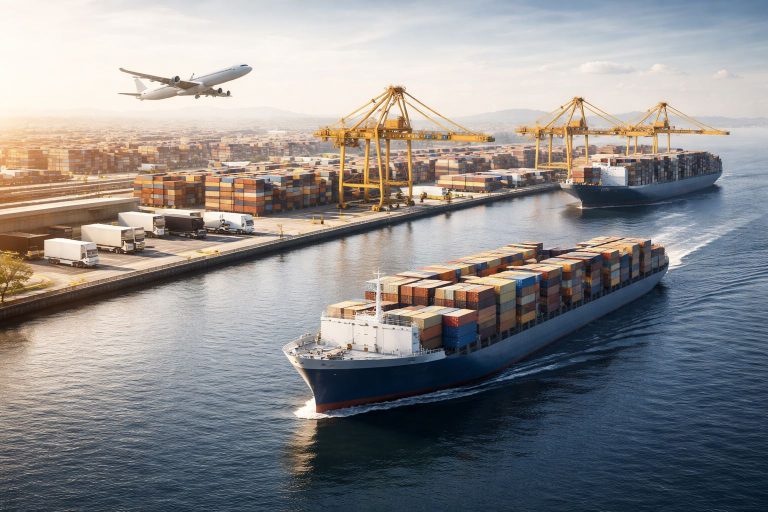 Ilustrasi ultra-realistic pelabuhan dan rantai logistik multimoda: kapal kontainer, crane, truk, dan pesawat kargo yang merepresentasikan indeks keandalan multimoda global untuk rute utama, musiman, dan cuaca ekstrem.
