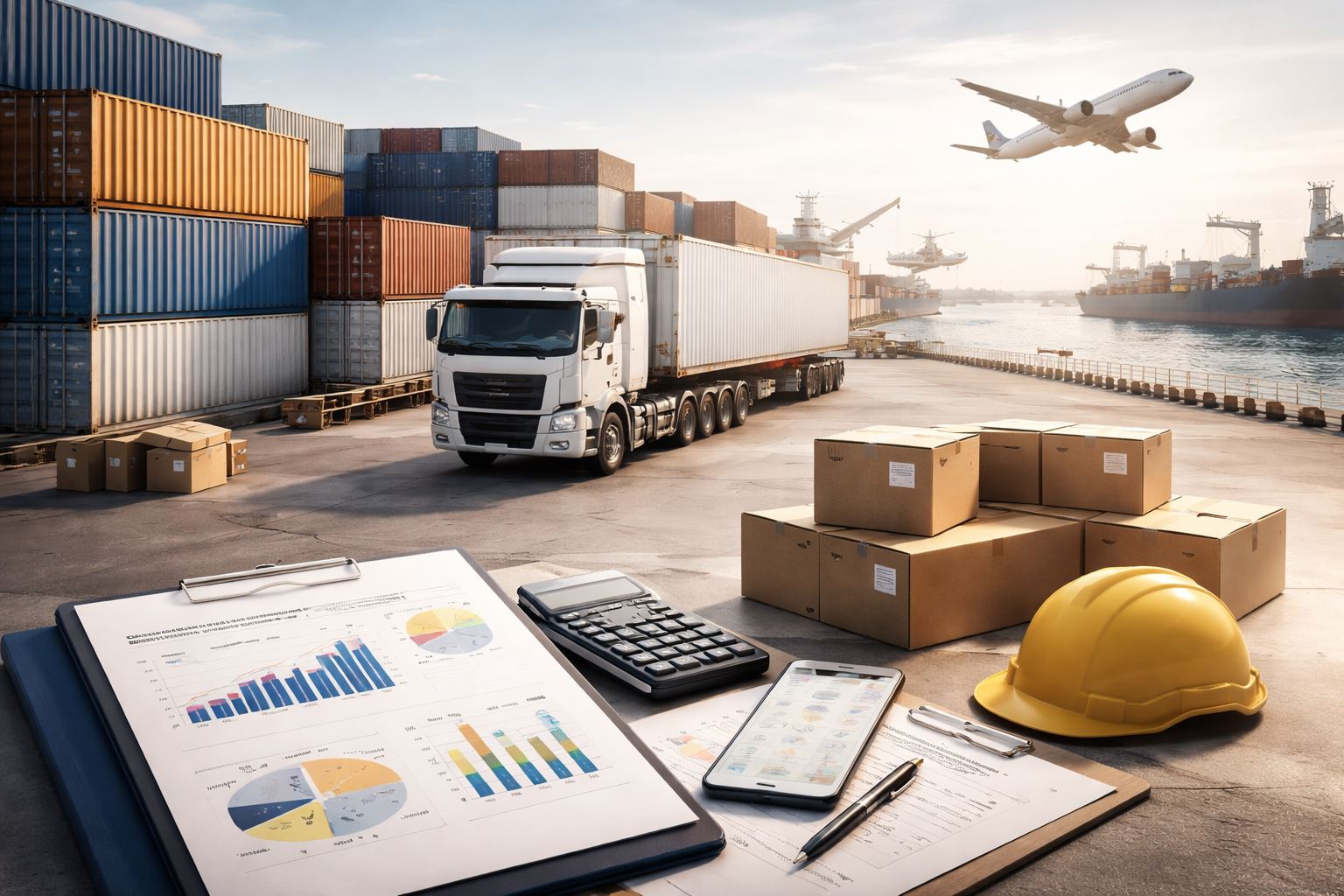 Ilustrasi ultra-realistis proses logistik dan biaya pickup hingga last mile: truk kontainer di area pelabuhan dengan dokumen diagram biaya, kalkulator, dan perangkat rute pengiriman dalam komposisi minimalis.