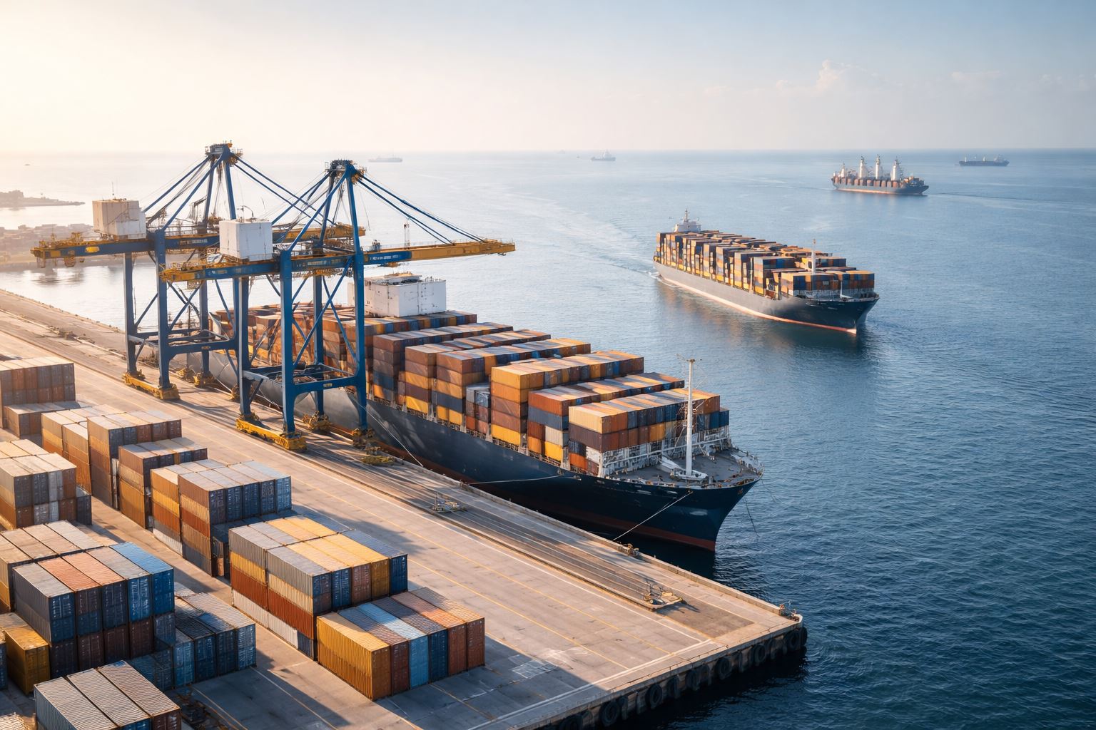 Koridor laut performa terbaik di pelabuhan peti kemas modern—kapal kontainer bersandar dengan bongkar muat efisien untuk throughput tinggi dan turnaround cepat.