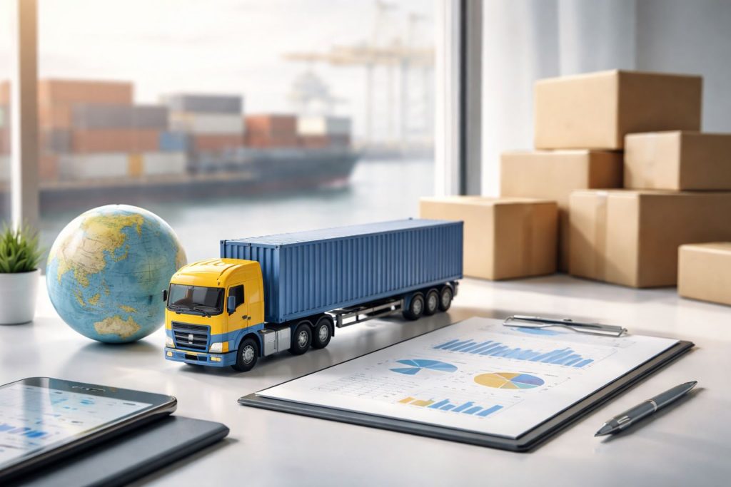 Ilustrasi metrik jasa pengurusan transportasi untuk mengukur efisiensi pengiriman mingguan—truk kontainer, laporan kinerja, dan logistik terintegrasi.