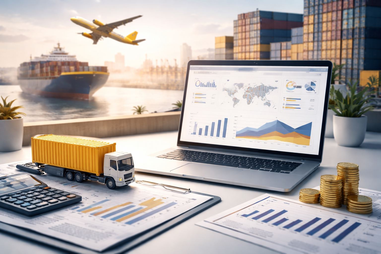 Ilustrasi ROI layanan logistik terintegrasi 2026 dengan dashboard analitik, truk kontainer, dan skenario multimoda dalam komposisi minimalis profesional.