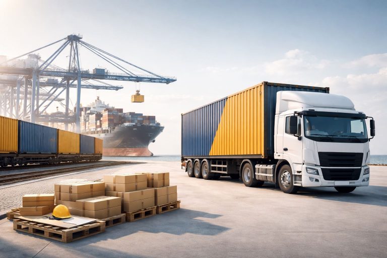 Multimoda untuk UMKM Indonesia di area pelabuhan: truk kontainer berdampingan dengan rangkaian kereta barang, crane, dan kapal kargo untuk distribusi lebih cepat, aman, dan efisien.