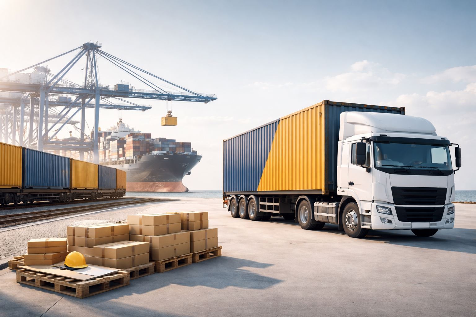 Multimoda untuk UMKM Indonesia di area pelabuhan: truk kontainer berdampingan dengan rangkaian kereta barang, crane, dan kapal kargo untuk distribusi lebih cepat, aman, dan efisien.