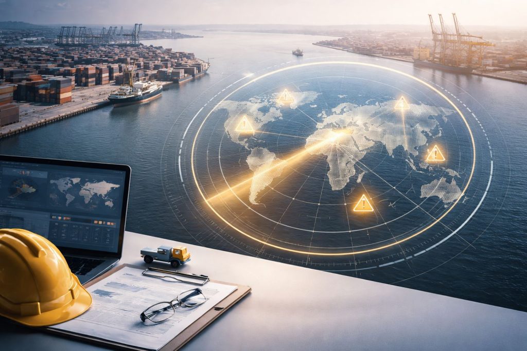 Radar risiko pengiriman global menyorot jalur pelayaran kontainer dan titik risiko di area pelabuhan, memvisualisasikan potensi klaim, keterlambatan, dan force majeure sepanjang 2025.