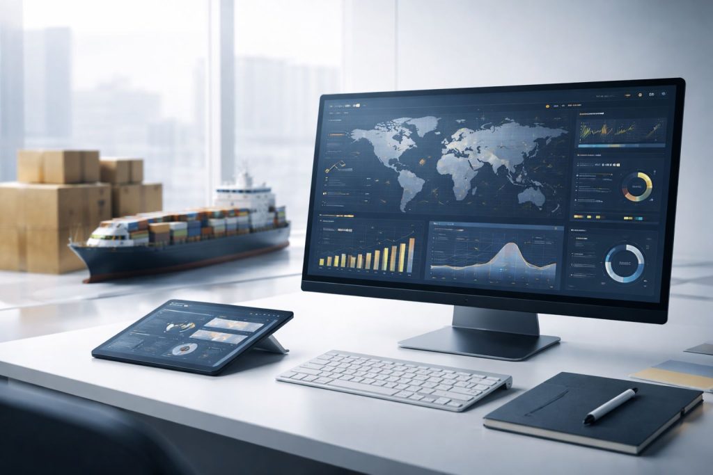 Dashboard logistik terintegrasi data dengan visual rute pengiriman global, grafik kinerja lead time kuartalan, dan indikator efisiensi rantai pasok dalam tampilan minimalis bernuansa biru tua dan aksen emas.