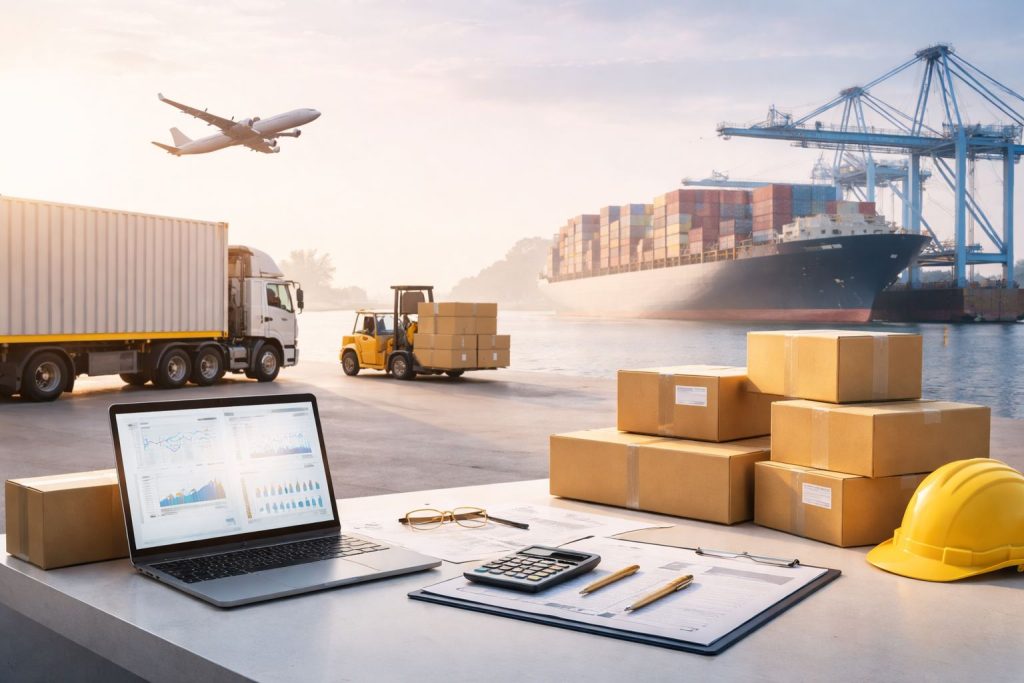 Ilustrasi pelabuhan dan rantai logistik dengan laptop analitik biaya, kontainer, dan dokumen operasional—menjelaskan biaya pengurusan transportasi logistik serta faktor waktu dan risiko distribusi.