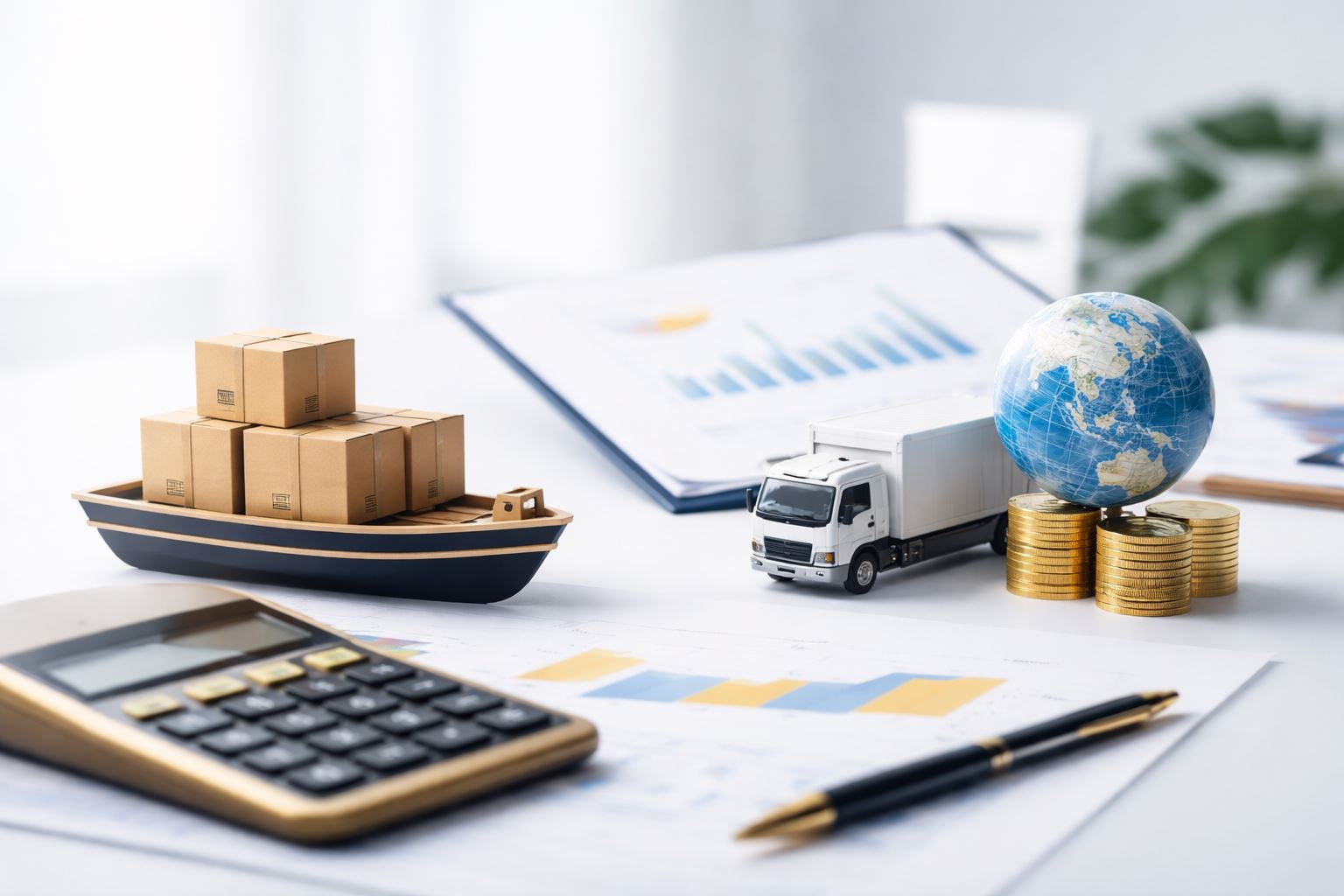 “Ilustrasi perbandingan biaya forwarder dibanding urus sendiri: kapal kargo mini, truk logistik, kalkulator, dan laporan biaya pengiriman dalam suasana kantor minimalis.”