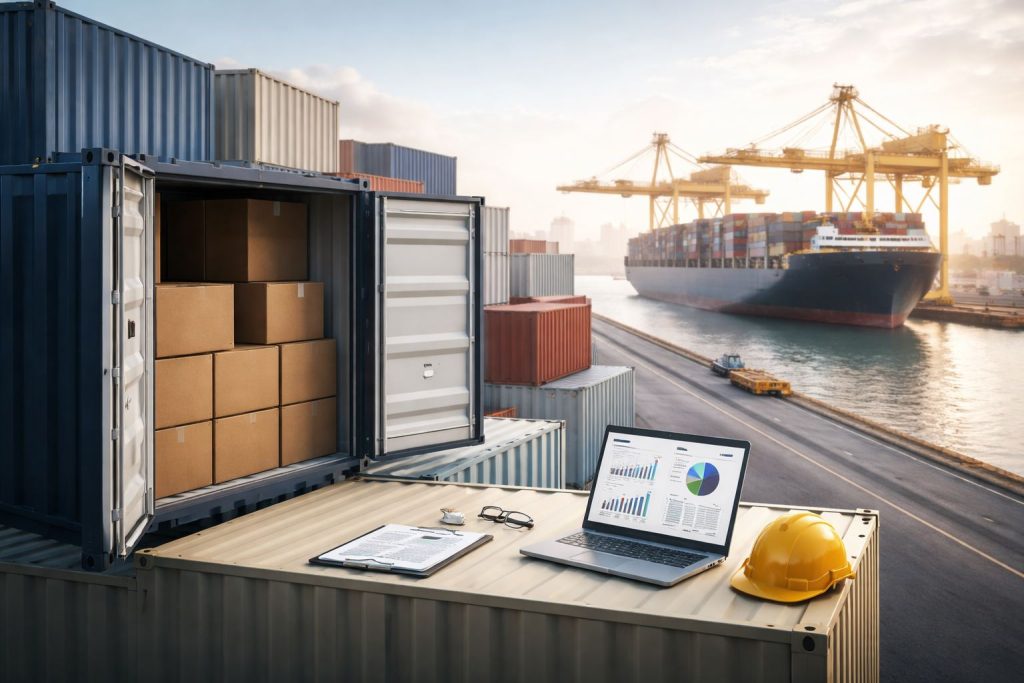 Statistik keterlambatan pengiriman kontainer di pelabuhan: tumpukan kontainer dan kapal kargo dengan perangkat analitik logistik untuk memantau dwell time dan mengurangi delay.