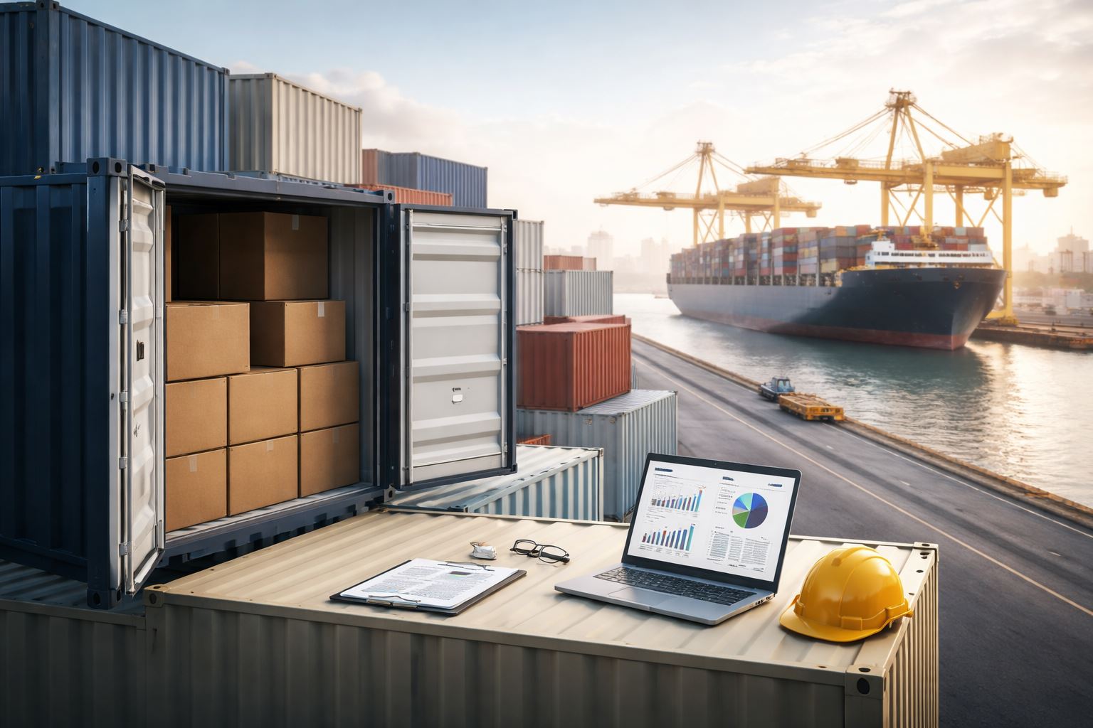 Statistik keterlambatan pengiriman kontainer di pelabuhan: tumpukan kontainer dan kapal kargo dengan perangkat analitik logistik untuk memantau dwell time dan mengurangi delay.