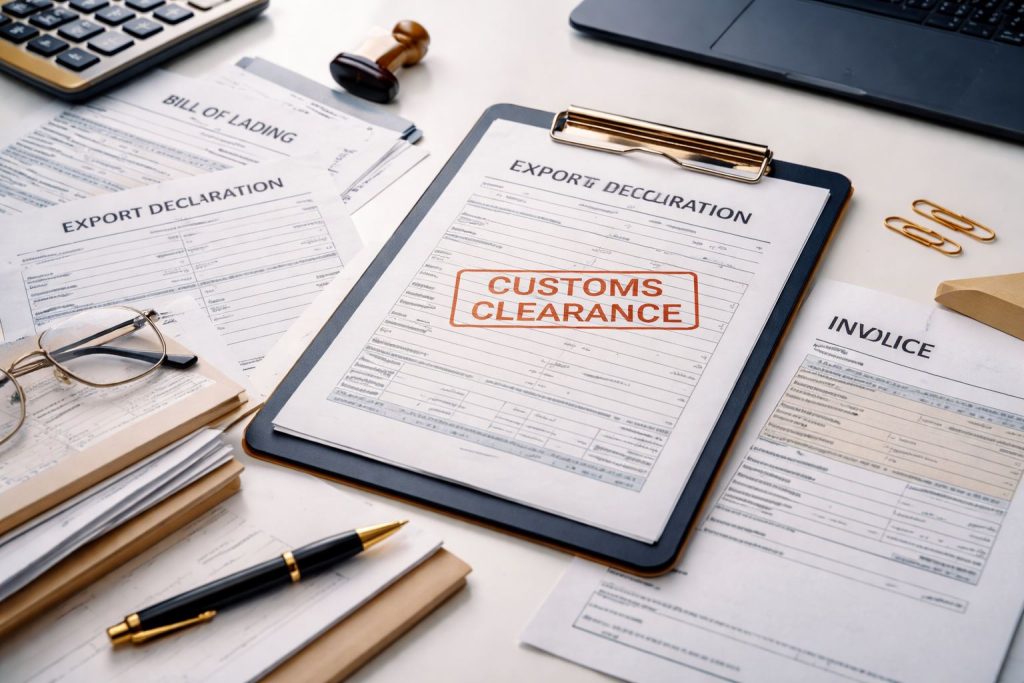Ilustrasi ultra-realistic dokumen pengurusan transportasi bea cukai di meja kerja minimalis—form ekspor, invoice, dan bill of lading tersusun rapi untuk mencegah pengiriman tertahan.